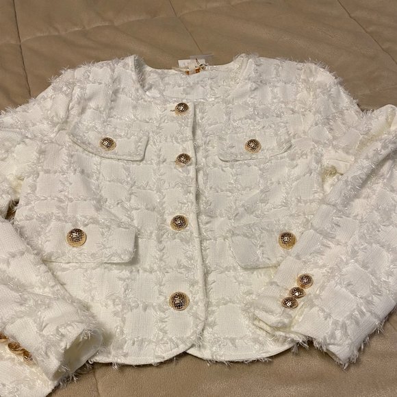 a.Peach Fuzzy White Jacket With Gold Buttons - Picture 2 of 11